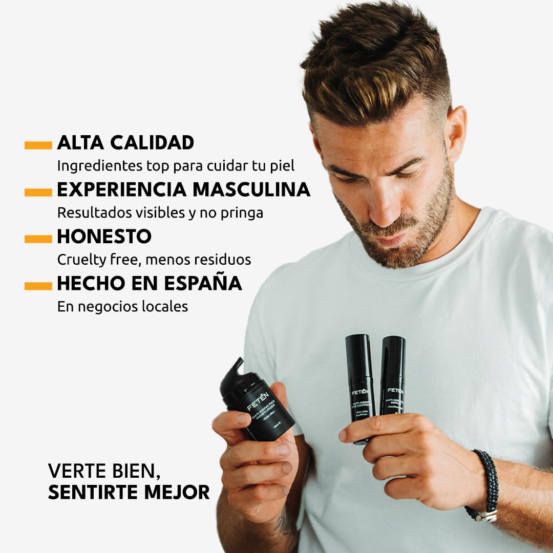 FETEN Skincare Pack Regalo para Hombre - Set Antiedad Hidratante con Crema Facial Antiarrugas, Contorno de Ojos Antiojeras y Sérum de Vitamina C, Kit Cosmética y Cuidado Personal para Hombres