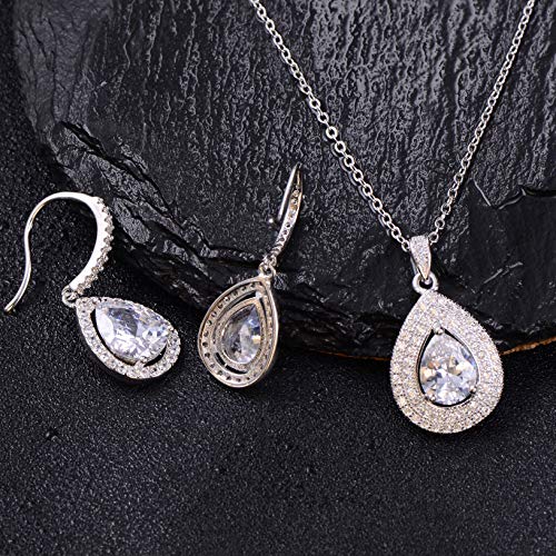 Mycitta CZ Necklace Earrings Set for Wedding Formal Simple Jewelry Set for Women18k White Plated Teardrop Cubic Zirconia Crystal Pendant Necklace Set for Bride Bridesmaids Mother of Bride Prom Party - Image 4