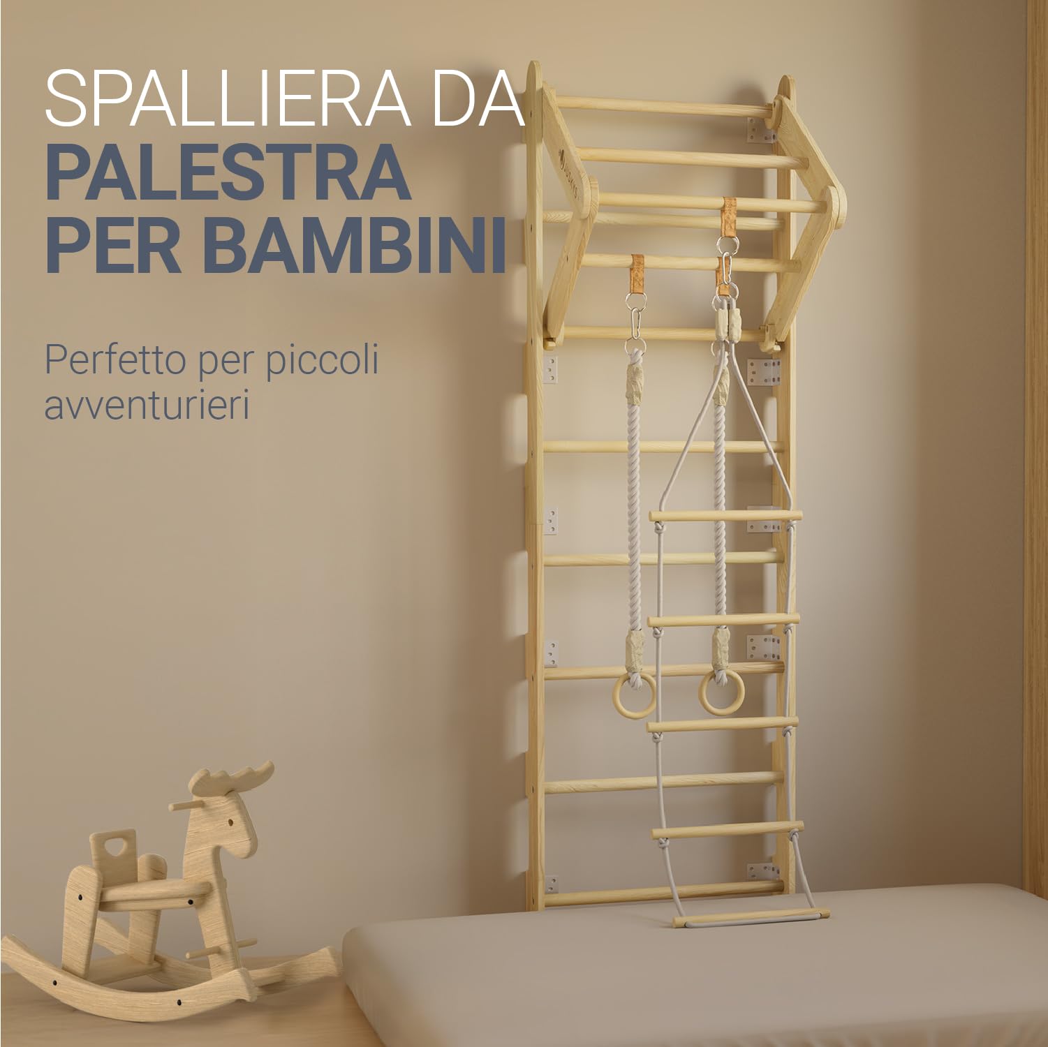 Juskys spalliera per bambini - con barra di trazione, struttura di arrampicata per interni con anelli ginnici e scala di corda, parete di arrampicata per la stanza dei bambini, barra ginnica