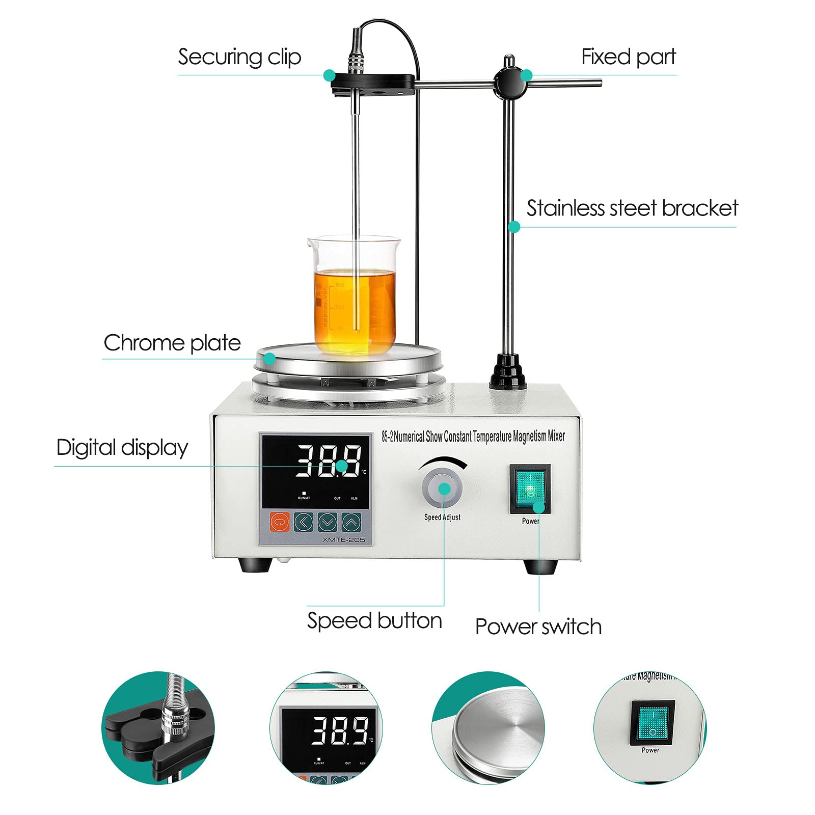 Agitador magnético calefactor de 1 litro con pantalla digital de temperatura y ajuste de velocidad, mezclador agitador magnético de 0 a 2000 RPM, equipo de laboratorio de química