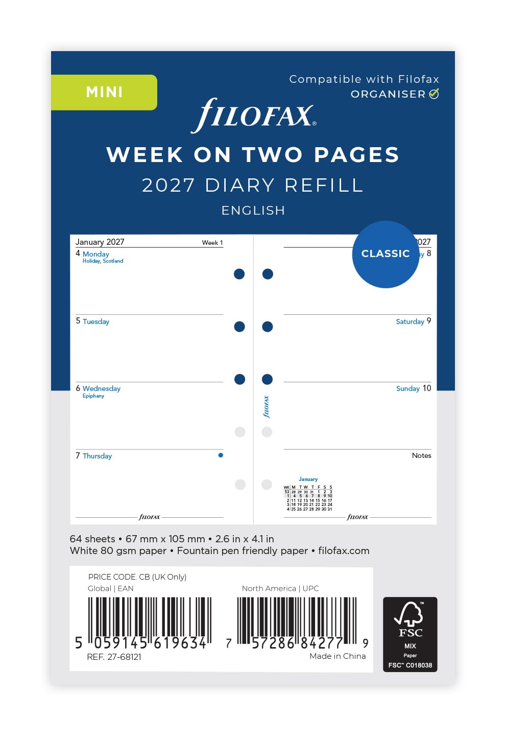 Filofax Mini Week on two pages English 2027 diary 27-68121