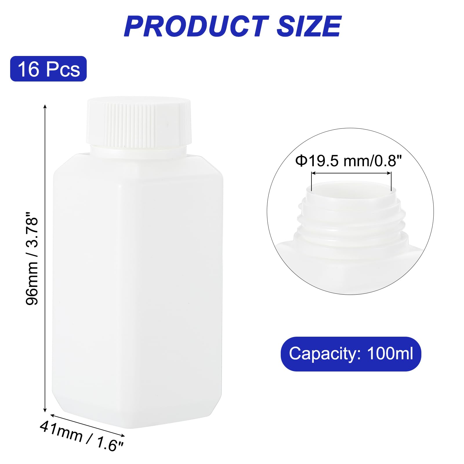 PATIKIL Reagent Bottles, 16 Pcs 100ml HDPE Narrow Mouth Square Sample Storage Container with Inner Ring Cover for Lab Water Reagent Liquids Solid Sample Storage Seal, White