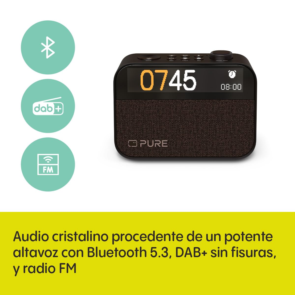 Pure Moment Reloj Despertador para Mesita de Noche y Oficina (Radio Digital Dab+/FM, Bluetooth, Máquina de Ruido Blanco, Ayuda para Dormir, Luz Despertador, Luz Nocturna, Pantalla Regulable) Negro