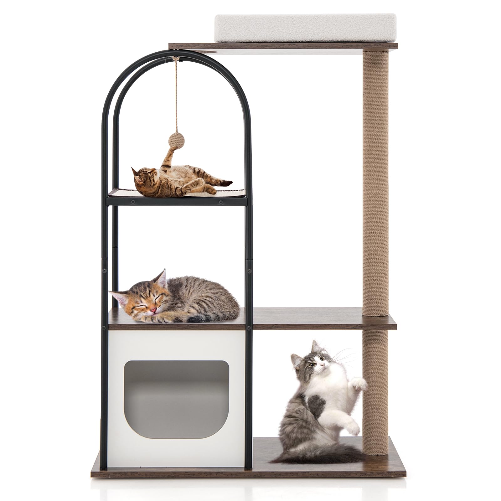 Maxmass Tall Cat Tree, 4-Tier Metal Cat Tower with Perch, 2-Door Condo, Platforms, Scratching Posts and Board & Hanging Ball, Indoor Cat Activity Center for Climbing, Playing, Sleeping (White)