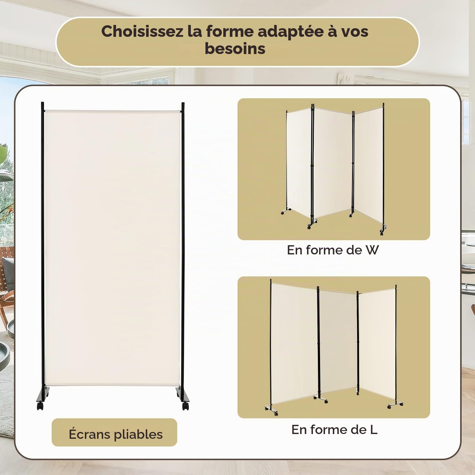 FANTASK Paravent à roulettes en Tissu - Paravent Pliable en 3 Parties - Brise-Vue pour Plus de flexibilité et d'intimité - Beige
