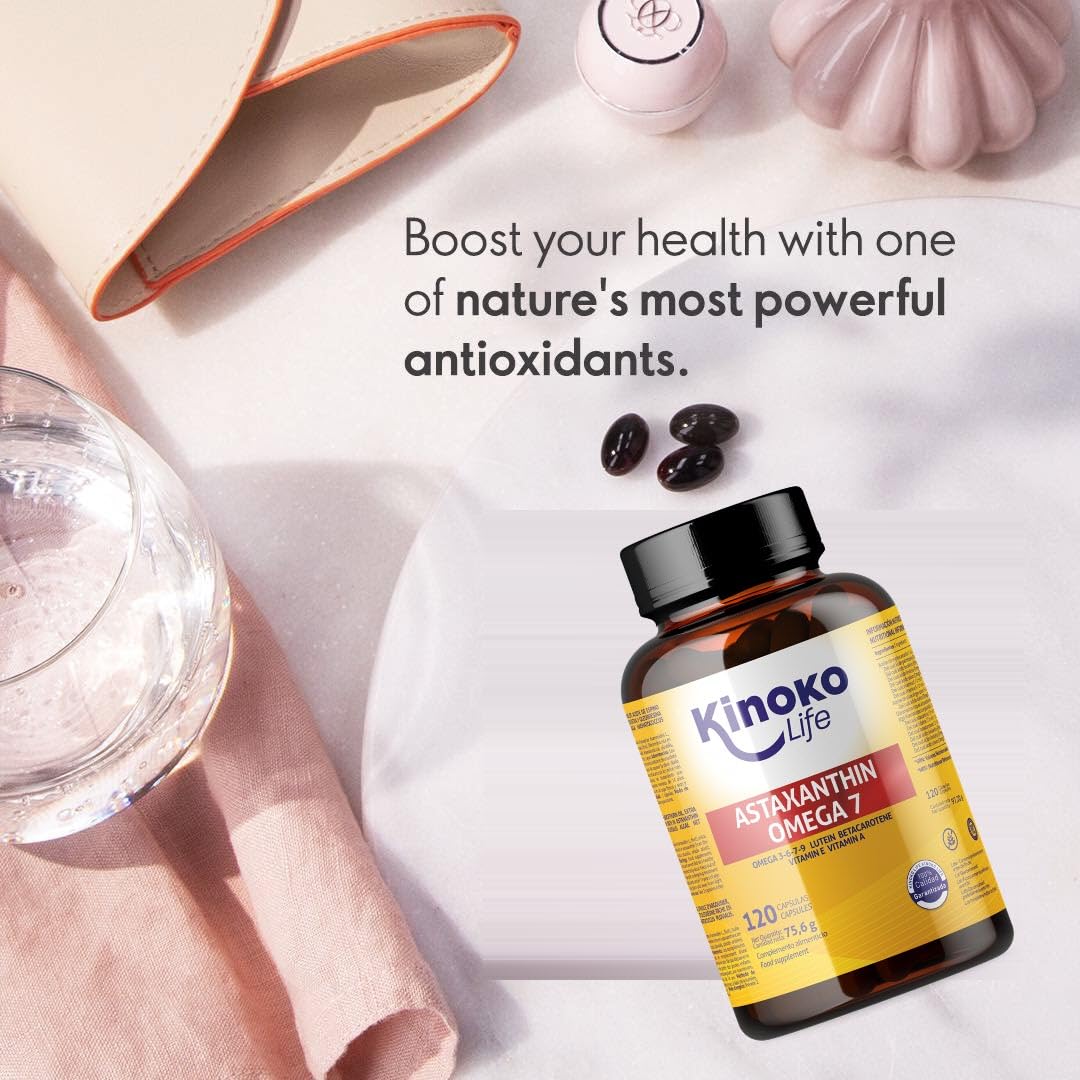 Astaxantina e Omega 7 dall'olio di olivello spinoso - 120 capsule con Omega 3, 6, 7, 9, luteina, betacarotene, vitamine E e A. Senza glutine. Senza OGM