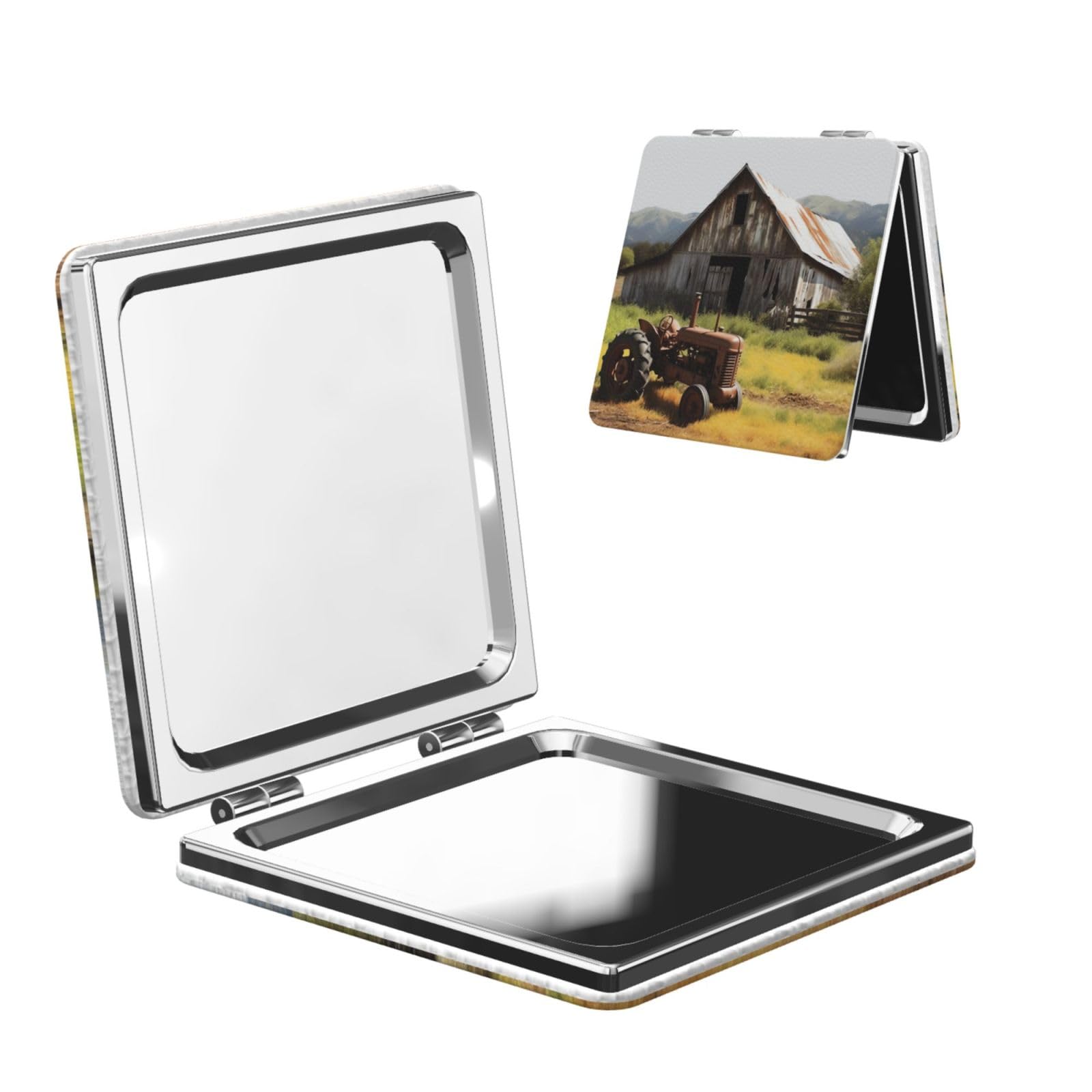 DWVTSLH Old Wooden Barn with Rusted Tractor Compact Mirror for Purse, Double-Sided 2X/1X Magnifying Mirror for Women Men, Travel Makeup Mirror for Handbag, Handheld Vanity Mirror for Gift
