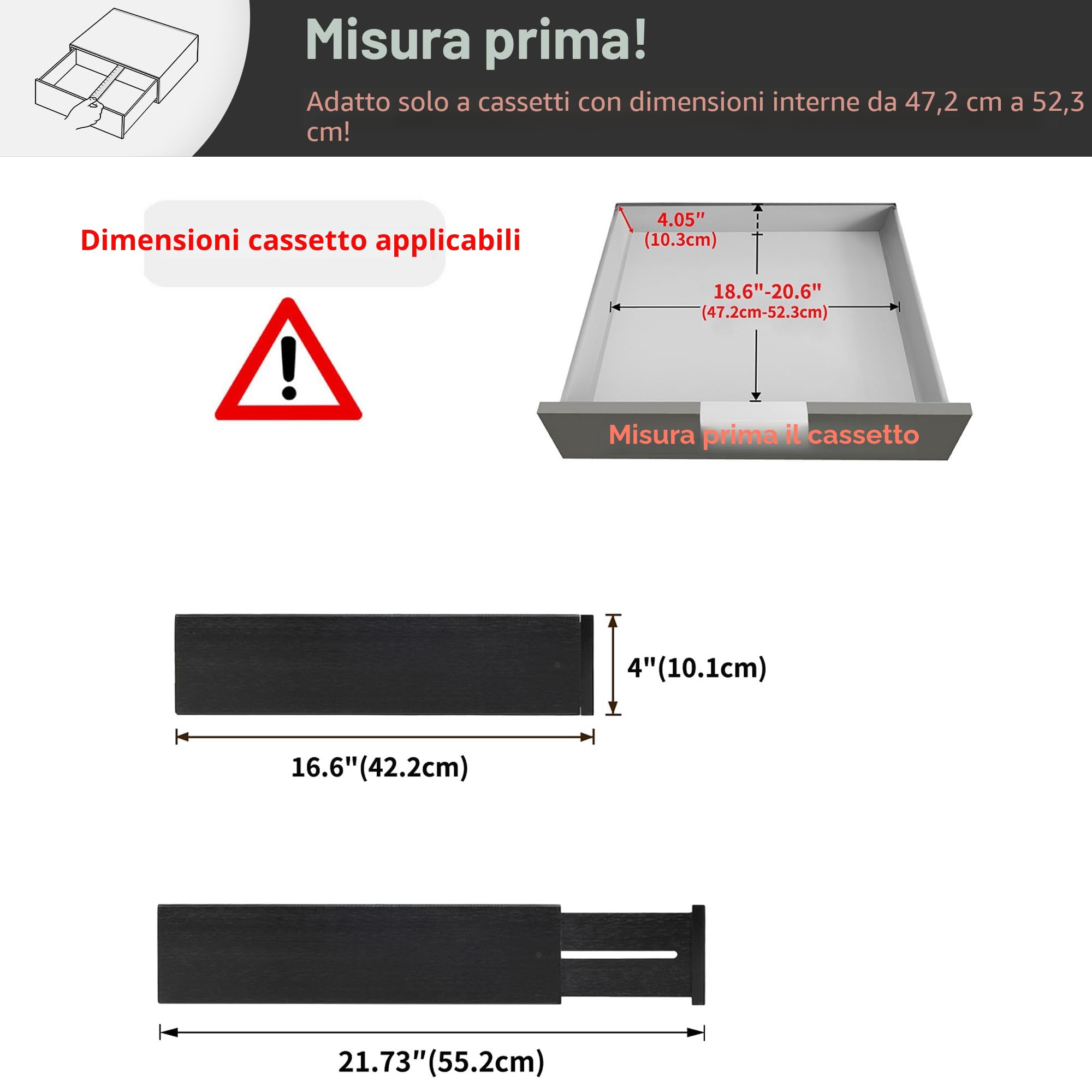 Utoplike Divisori per cassetti in bambù di grandi dimensioni, cassetti da cucina regolabili alti 10,1 cm per l'abbigliamento, con caricamento a molla, per bagno, cassettiera, scrivania, 4 pz.