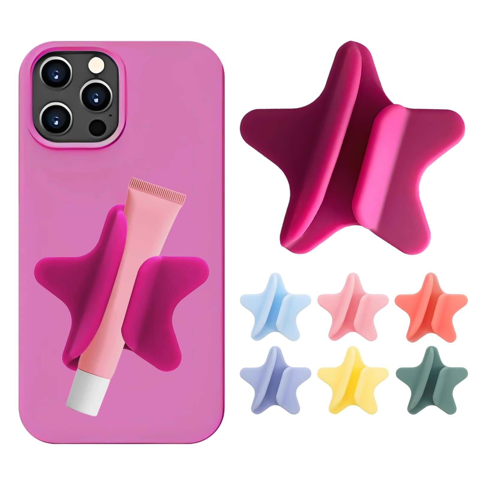 Lip Gloss Holder Phone Case, Self-Adhesive Silicone,Rose Pink Soft silicone star holder;Cute phone case makeup holder for touch-ups and light carry.Compatible Most Phone Models.