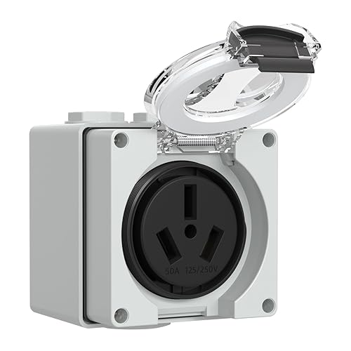 Caja de toma de corriente de 50 amperios, receptáculo NEMA 10-50R de 125/250 voltios, resistente al polvo y a la intemperie para vehículos