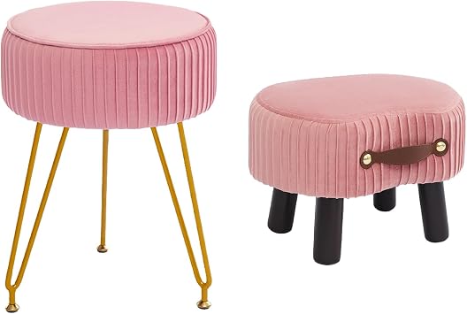 Velvet Vanity Stool and Small Footrest Stool, Pink Vanity Chair and Mini Ottoman