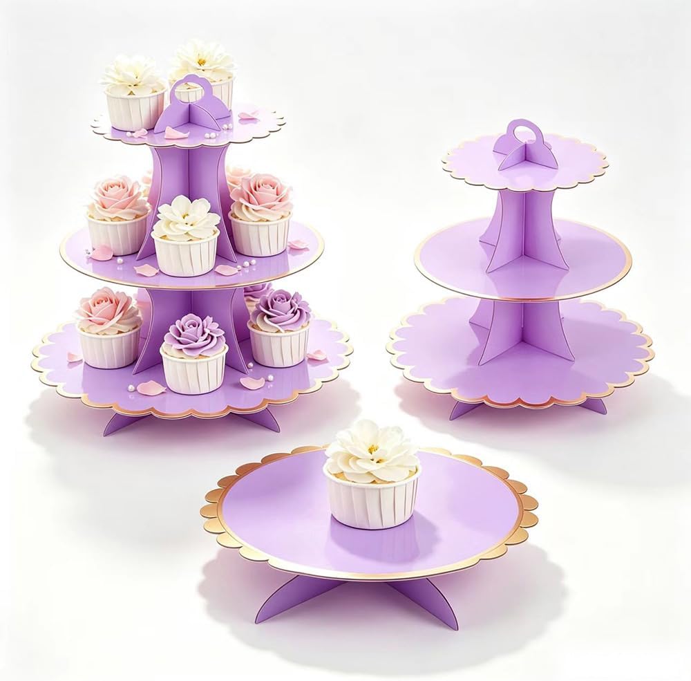 MRPAPA Pink Cupcake & Cake Stand Tray, 3-Tiered Cardboard Cupcake Stand, Easy Assemble Dessert Stand Holder for Party , Girls Baby Shower