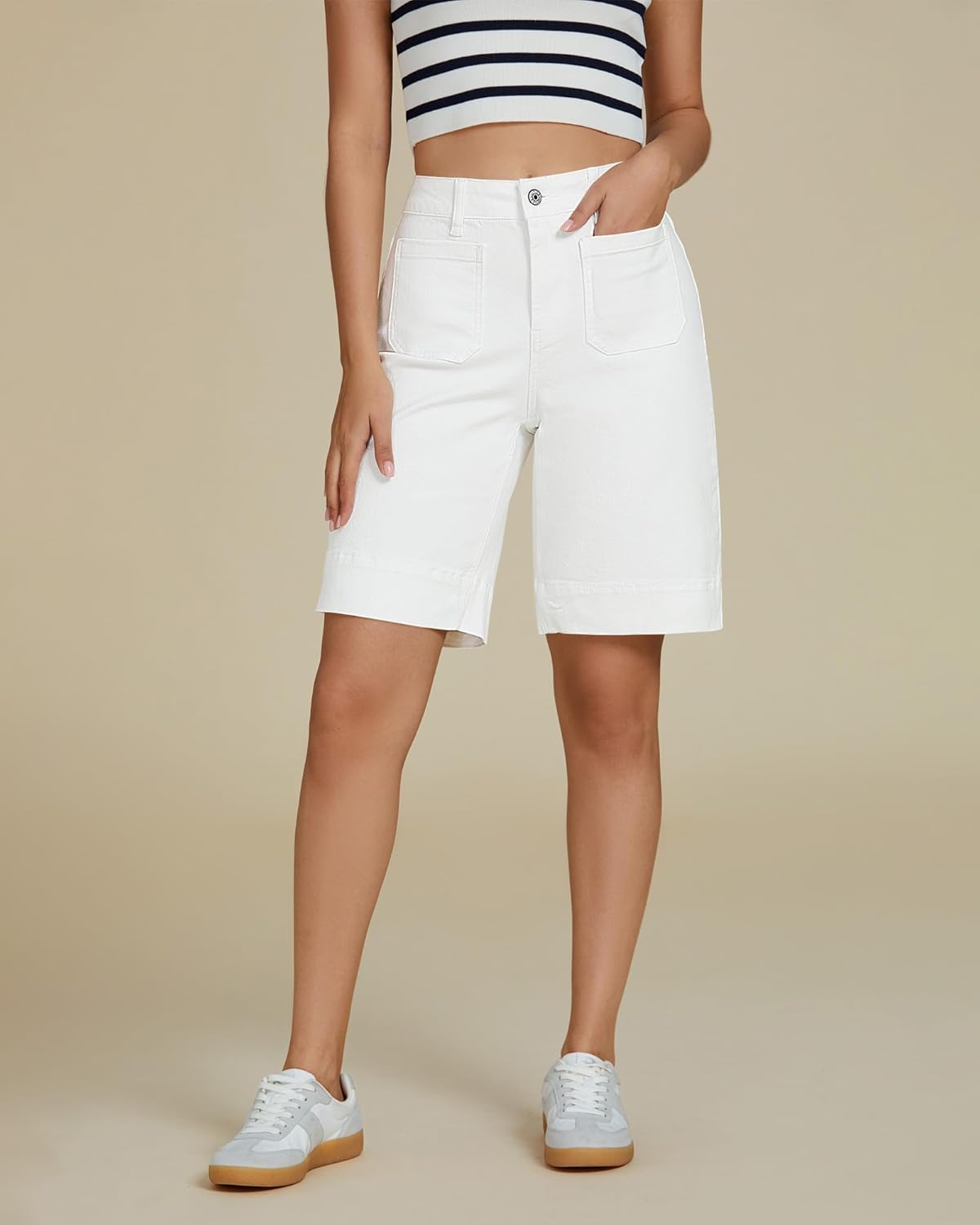 luvamia Bermuda Shorts for Women High Waisted Trendy Patch Pocket Casual Vintage Long Stretchy Denim Shorts Summer Jorts - Image 2