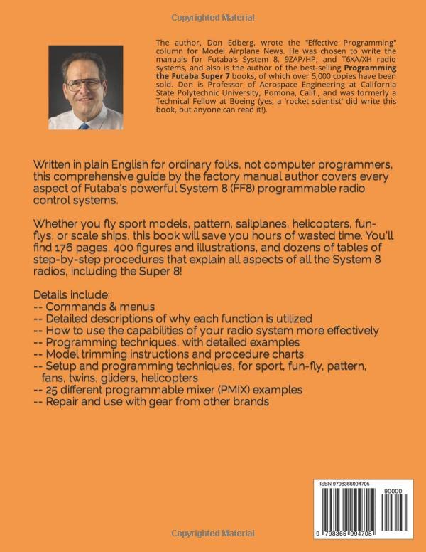 Back cover of 'Getting the Most Out of Futaba's 8-Channel Radio Control Systems' book with author information and content summary