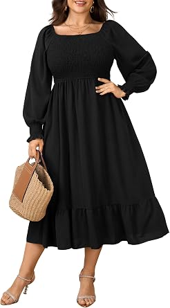 SCOMCHIC Womens Plus Size Maxi Dress Long Sleeve Square Neck Dress Casual Smocked Ruffle Swing Flowy Long Fall Dresses