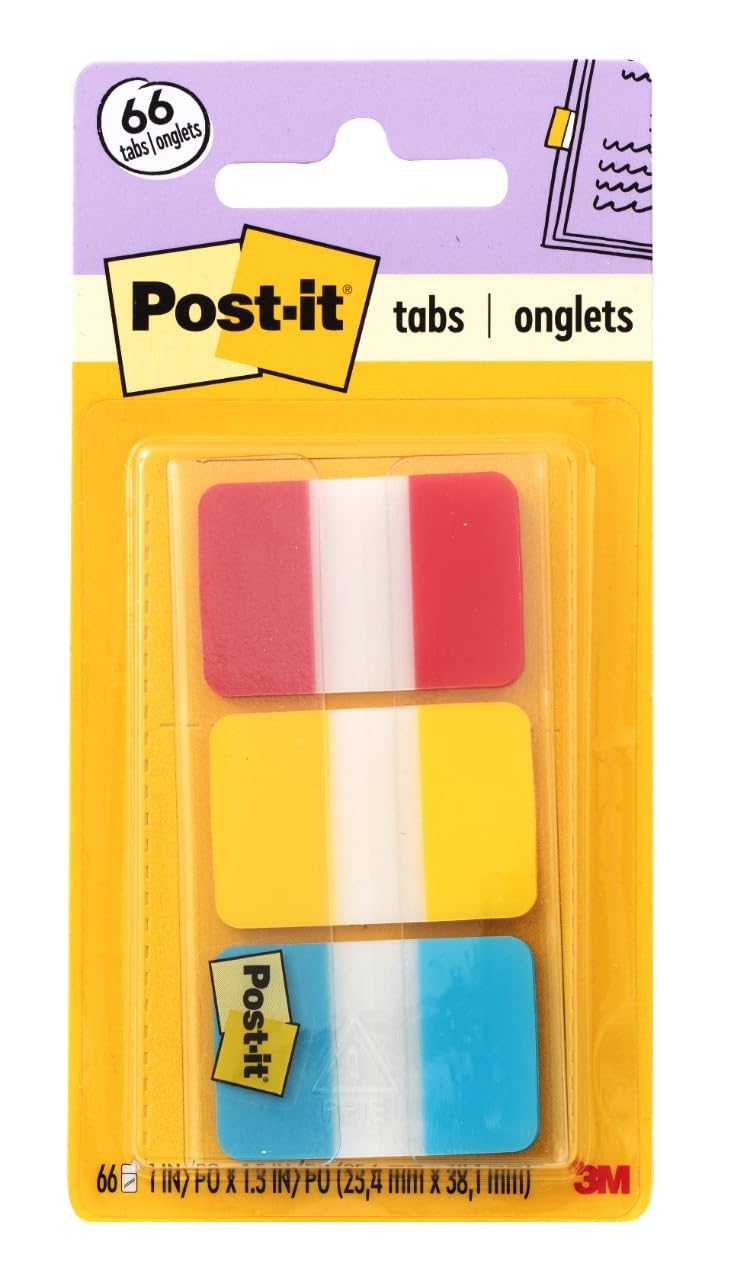 Post-it Tabs, 1 in, Solid, Red, Yellow, Blue, 22 Tabs/Color, 66 Tabs/On-The-Go Dispenser (686-RYB)
