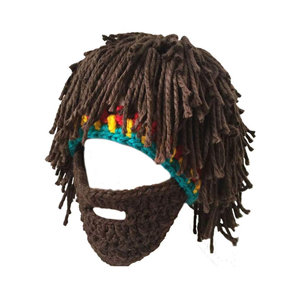 Yonii Unisex Brown Knit Wig Bearded Hats Handmade Wig Winter Warm Ski Funny Mask Novelty Beanie Hat Men Women