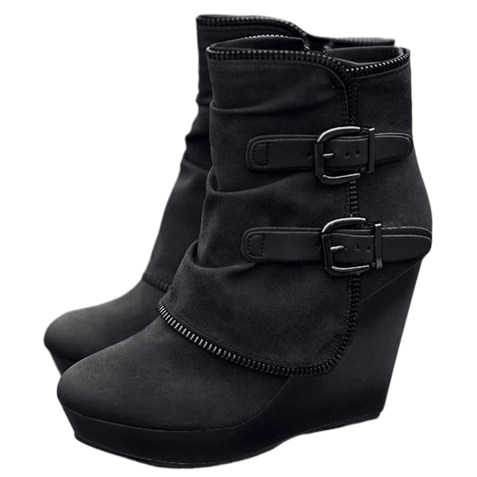 Womens Wedge Ankle Boots Fashion Casual Faux Suede Comfortable Combat Boots Round Toe Buckle Zipper Platform Booties for