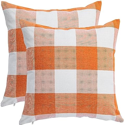 Anickal Fall Pillow Covers 18x18 Inch for Fall Decor Set of 2 Orange Buffalo Plaid Check Throw Pillow Covers Farmhouse Rustic Decorative Square Cushion Covers for Sofa Couch Living Room Decorations Cover