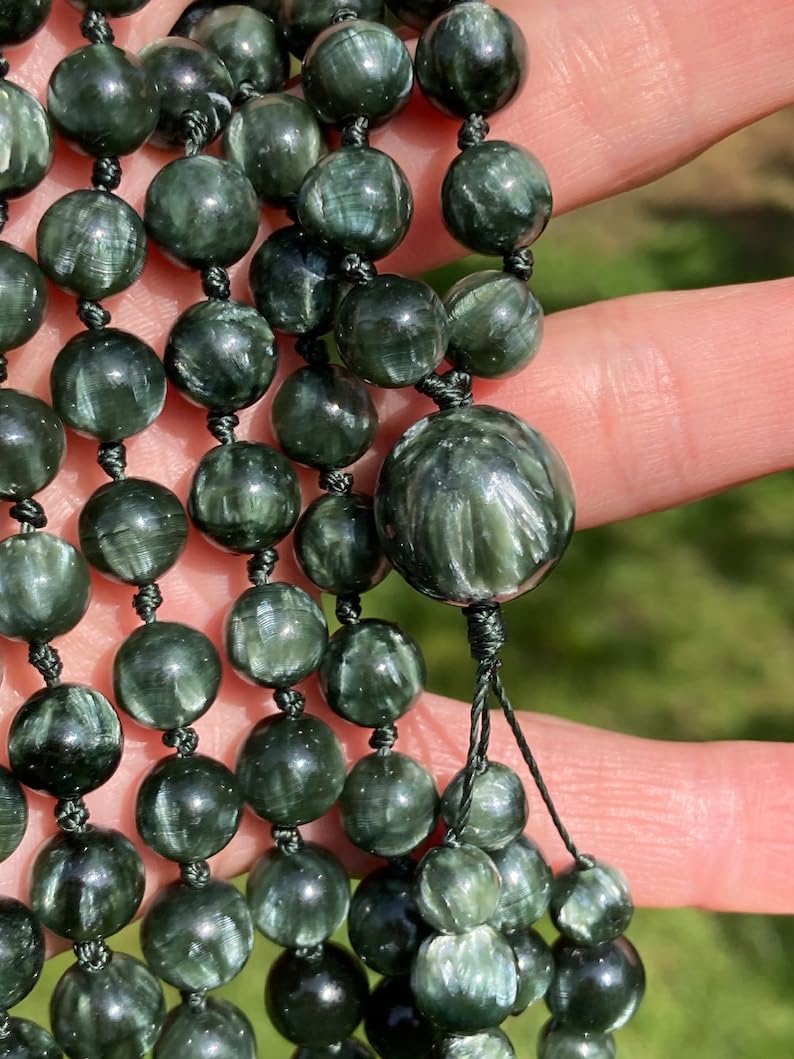 Cuentas de mala de piedra serafinita, collar de mala, 108 mala, nudo mala, collar WWG, joyería de yoga, cuentas de meditación, joyería espiritual, joyería bohemia