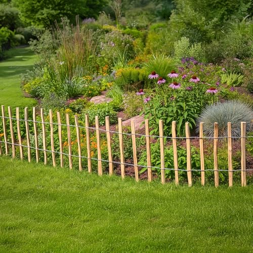 PINEEA Staketenzaun 80 cm Hoch - Holzzaun aus Haselnuss - Wetterbeständiger Gartenzaun 5M Lang - Kastanienzaun für Dekoration und Pflanzenschutz - Lattenabstand 7-8 cm