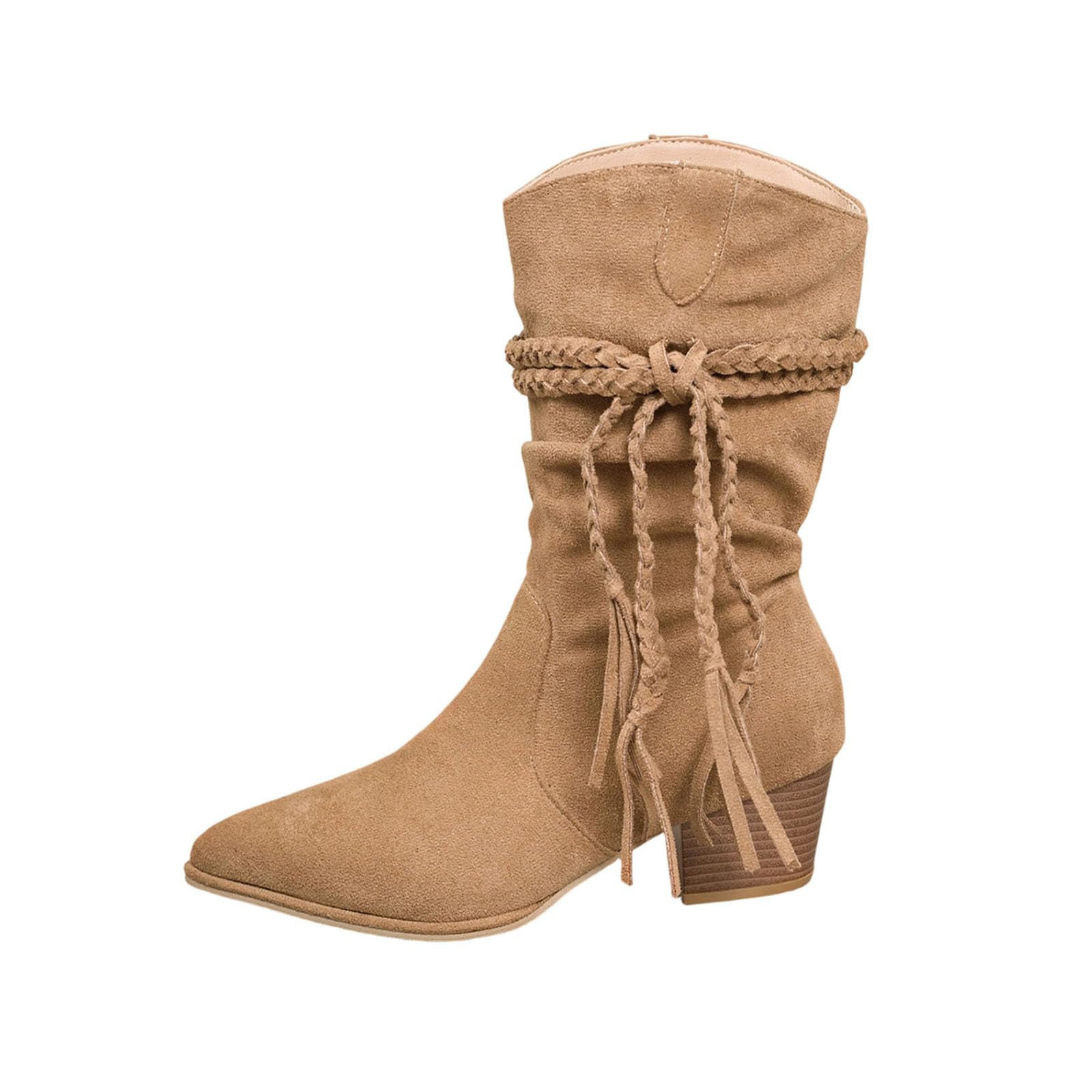 Womens Western Mid-Calf Boots Tan Suede Cowboy Boot Braided Fringe Detail Block Heel Booties Cowgirl Style