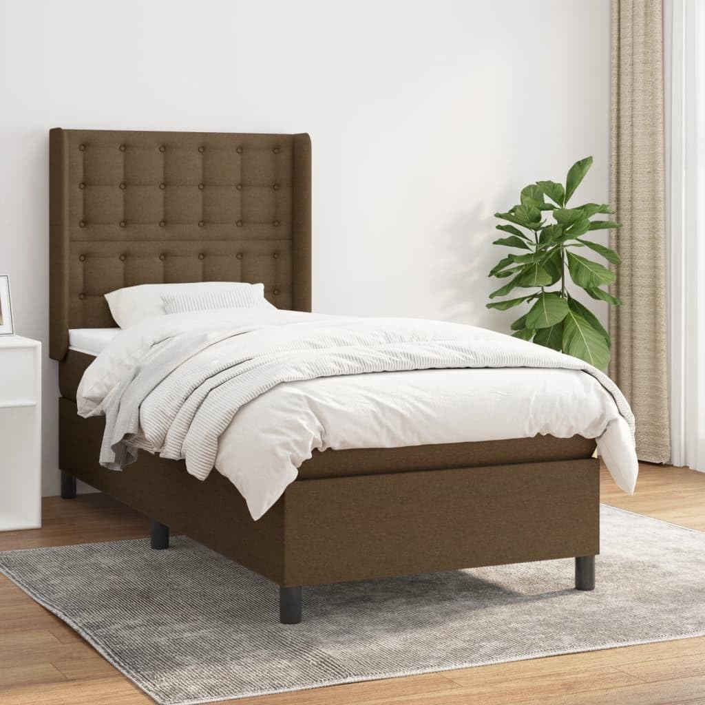 Łóżko kontynentalne z materacem ciemnobrązowym, 80 x 200 cm, z materiału, łóżko tapicerowane, pojedyncze łóżko z ramą łóżka, łóżko młodzieżowe, meble do spania z materacem ze sprężynami