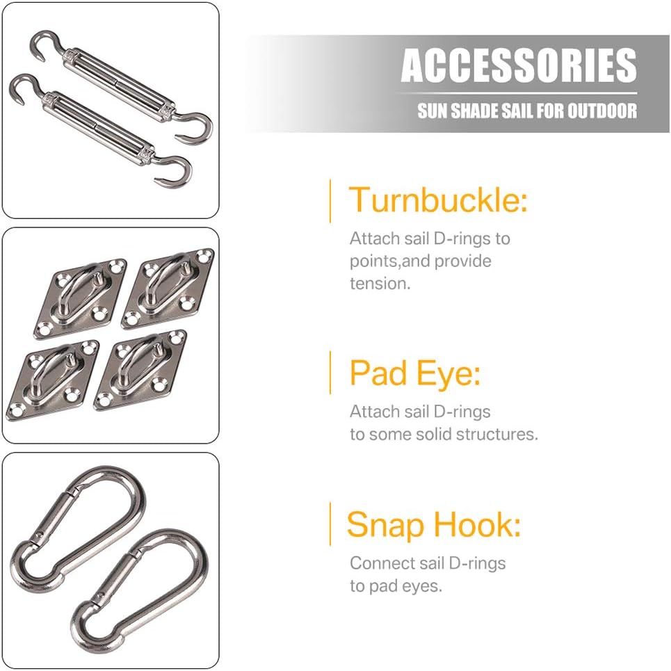 Shade Sail Hardware Set, Awning Attachment Set, Anti-Rust Stainless Fixing Accessories for Triangle Square and Rectangle Shade Sail Installation, Eye Plate, Tumbuckle, Carabiner, Screws, 44 Pcs,8mm (