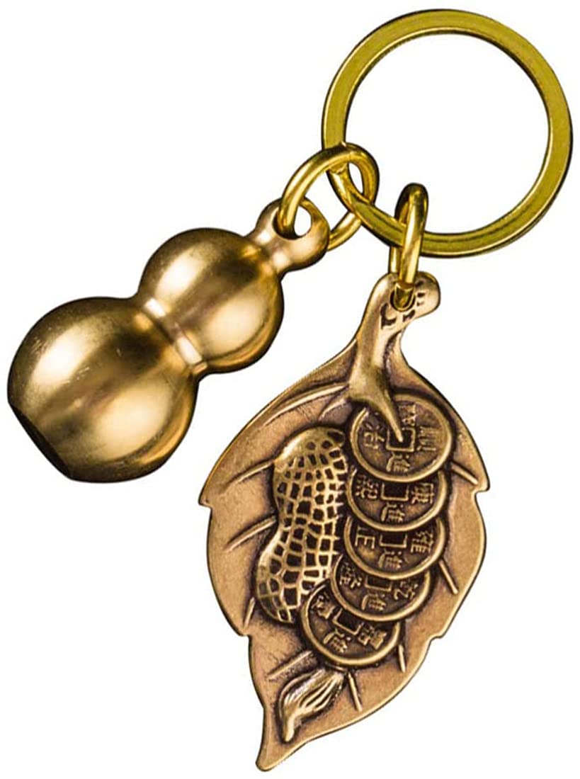 Keychain Brass Gourd Keychain Feng Shui Chinese Coins with Leaf Good Luck Charm for Longevity Travel Safely Wealth Gourd Calabash Decorations Pendant Key Rings for Good Luck Fortune