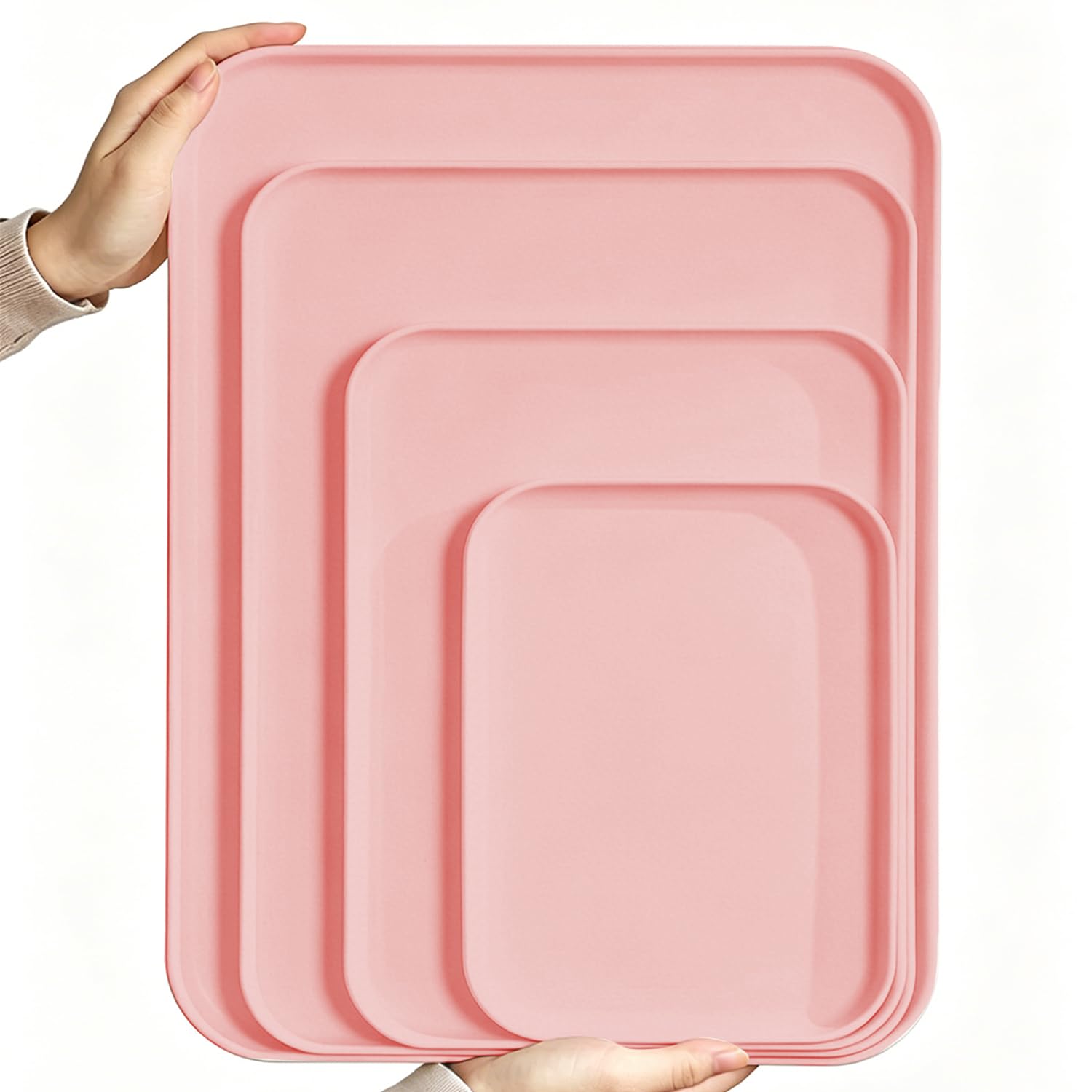 Rectangular Plastic Serving Trays,4 Packs Premium PP Food-Safe Platters Stackable Reusable Serving Trays for Kitchen Drinks Snacks Fruit Coffee Parties (Pink,XL-38 * 26.5CM)