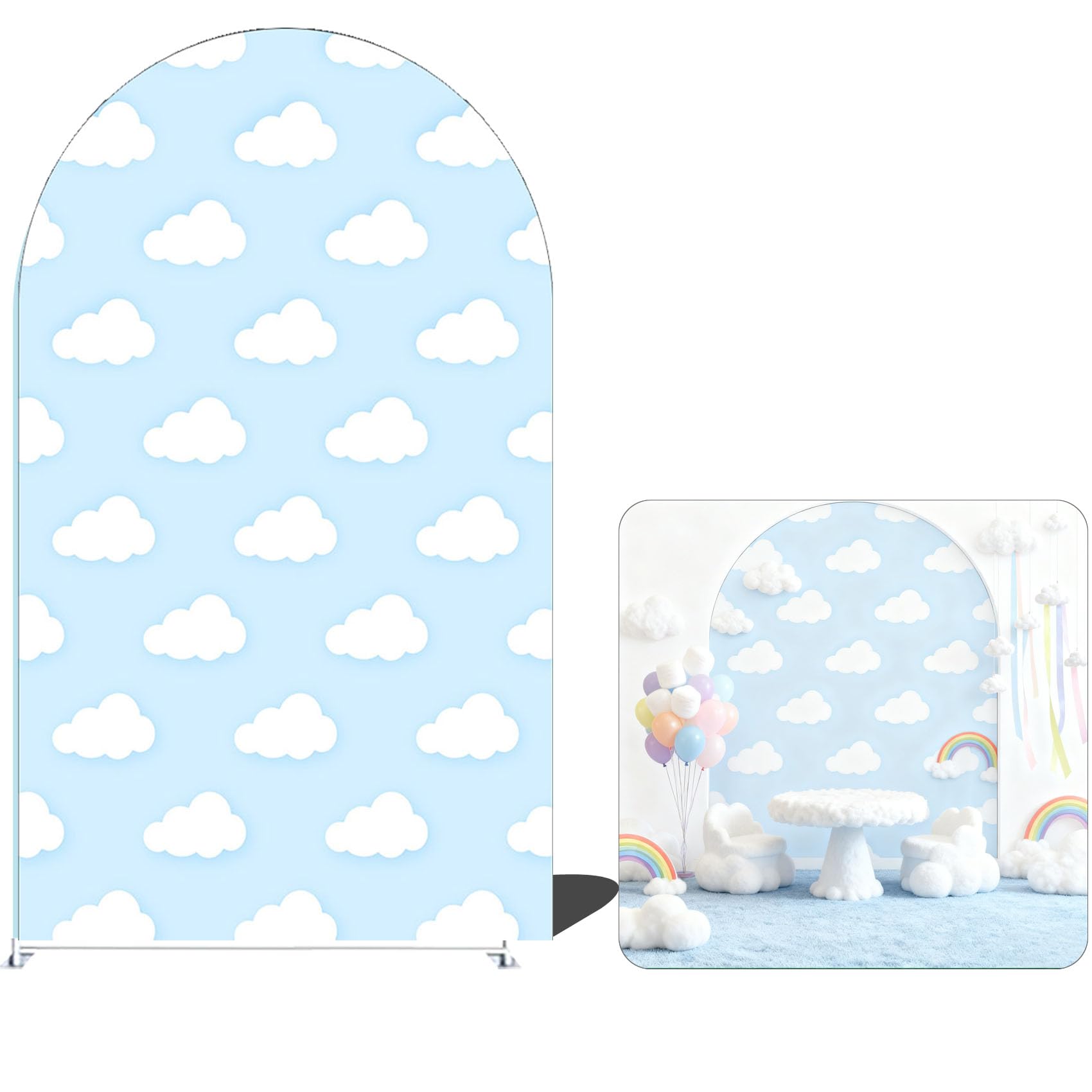 FiVan 6x2.6ft Blue Sky White Clouds Arch Backdrop, Cartoon Cloud Pattern Party Background for Baby Shower, Kids' Birthday Party, Gender Reveal