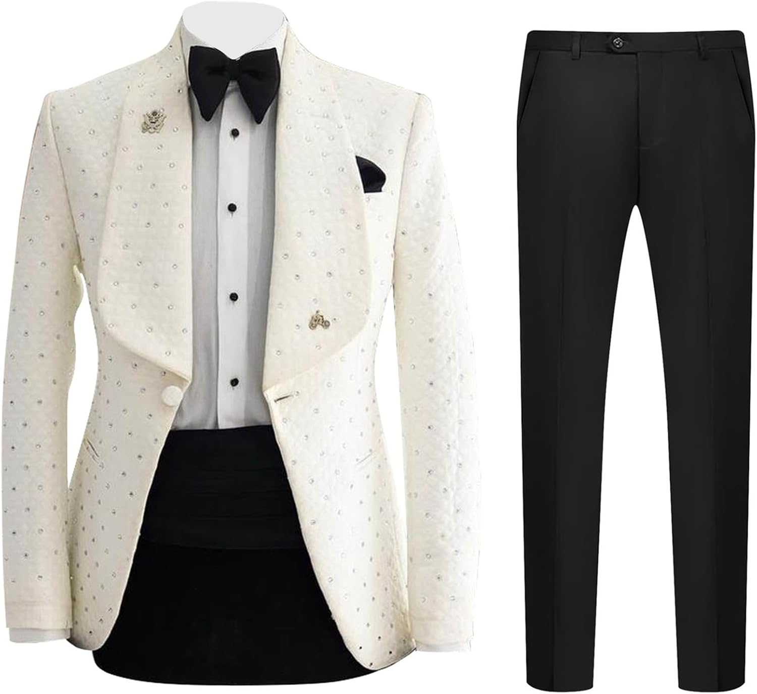 Men's 2 Piece Slim Fit Cotton Square Patterned Jacquard Shawl Lapel Tuxedo Suit with Rhinestone Suit for Wedding Prom