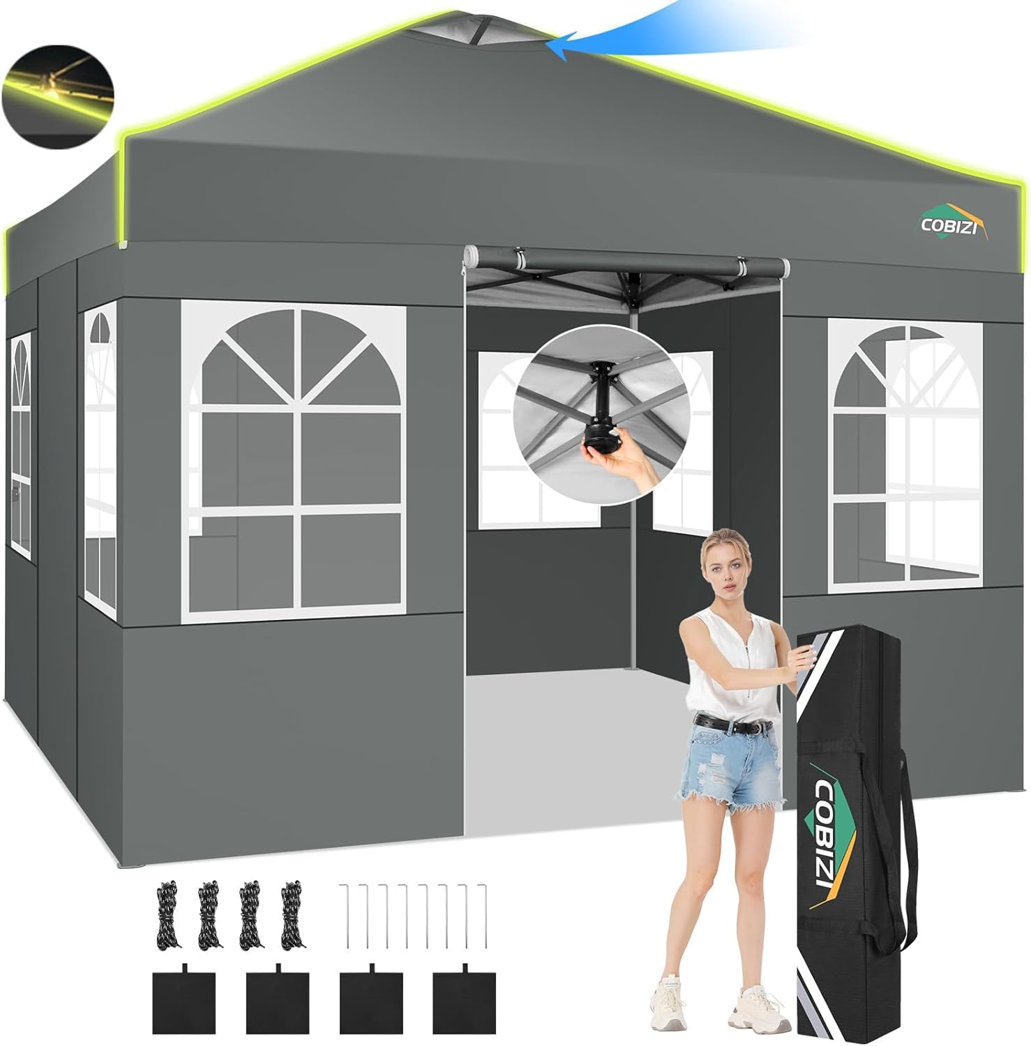 COBIZI Pavillon 3x3 Faltpavillon wasserdicht Winterfest, EIN-Tasten-Zentralverriegelung Partyzelt Faltbar Anti-UV mit Fluoreszierenden Streifen, 4 Seitenwänden, 3 Höhenverstellbar,Gartenzelt, Grau | Ein-Knopf-Zentralverriegelung, 4 SeitenwäNde, UV-Schutz,