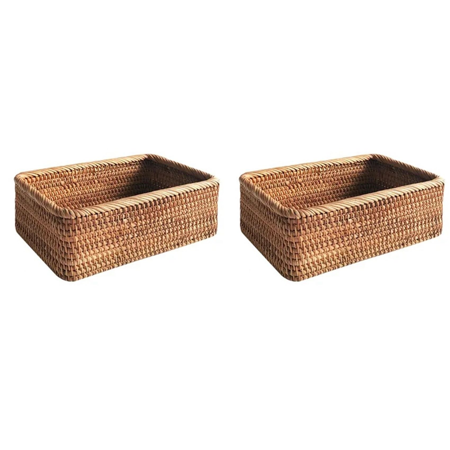Hndhbfgrt 2X Hand-Woven Wicker Basket Fruit, Tea and Bread Basket Rectangular Storage Box for Cosmetics