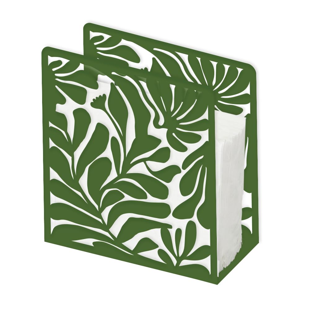 SUPERDANT Abstract Leaves Napkin Holder for Tables Green Metal Sserviette Holder Tabletop Cloth Tissue Paper Stand Freestanding Napkin Dispenser with Gasket for Kitchen Coffee Shop Dining Room 15x15CM