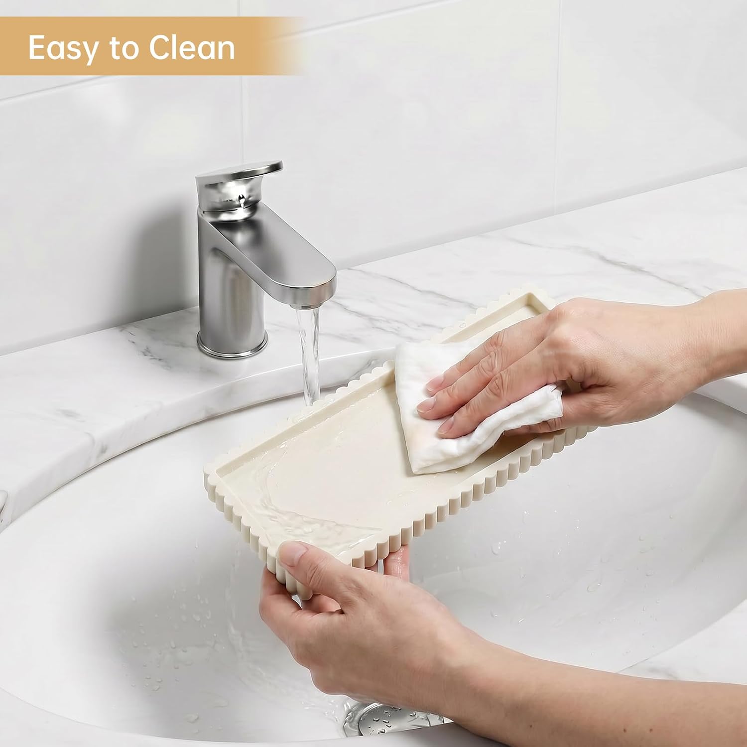Small Silicone Bathroom Counter Tray, Unbreakable Rectangle Countertop Tray Holder for Soap Dispenser Kitchen, Decorative Sink Vanity Organizer Tray for Perfume Lotion Candle 9.3"x4.3", Beige