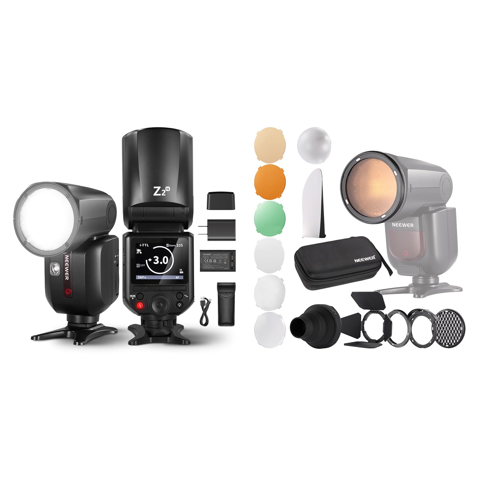 NEEWER Z2-N 2.4G TTL Round Head Flash Speedlite for Nikon + CRM2 Magnetic Accessories Kit for Round Head Flash, Speedlight with 7.4V/2600mAh Battery 480 Full Power Flash