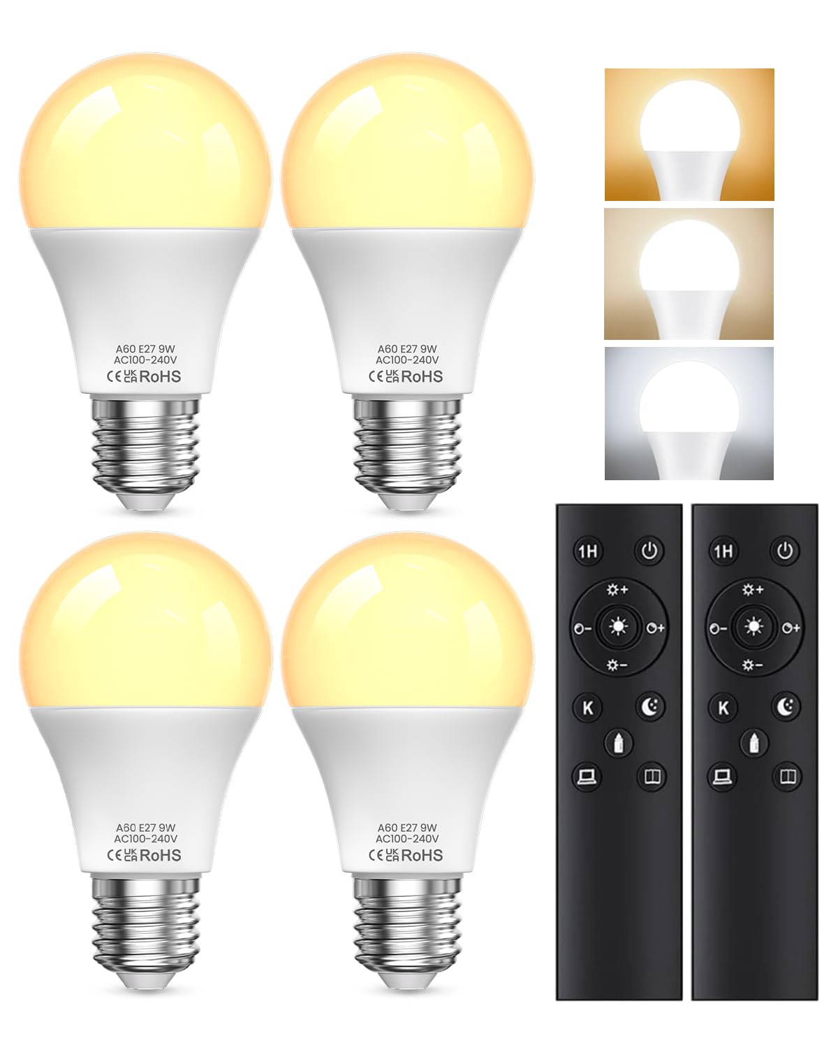 LED Glühbirne E27 Mit Fernbedienung, LED Lampen 9W Äquivalent 60W, E27 Dimmbare Glühbirne, Ferngesteuerte Glühbirne mit Timing Funktion, 3 Farbtemperatur 3000K-6000K Birne für Heimdekoration