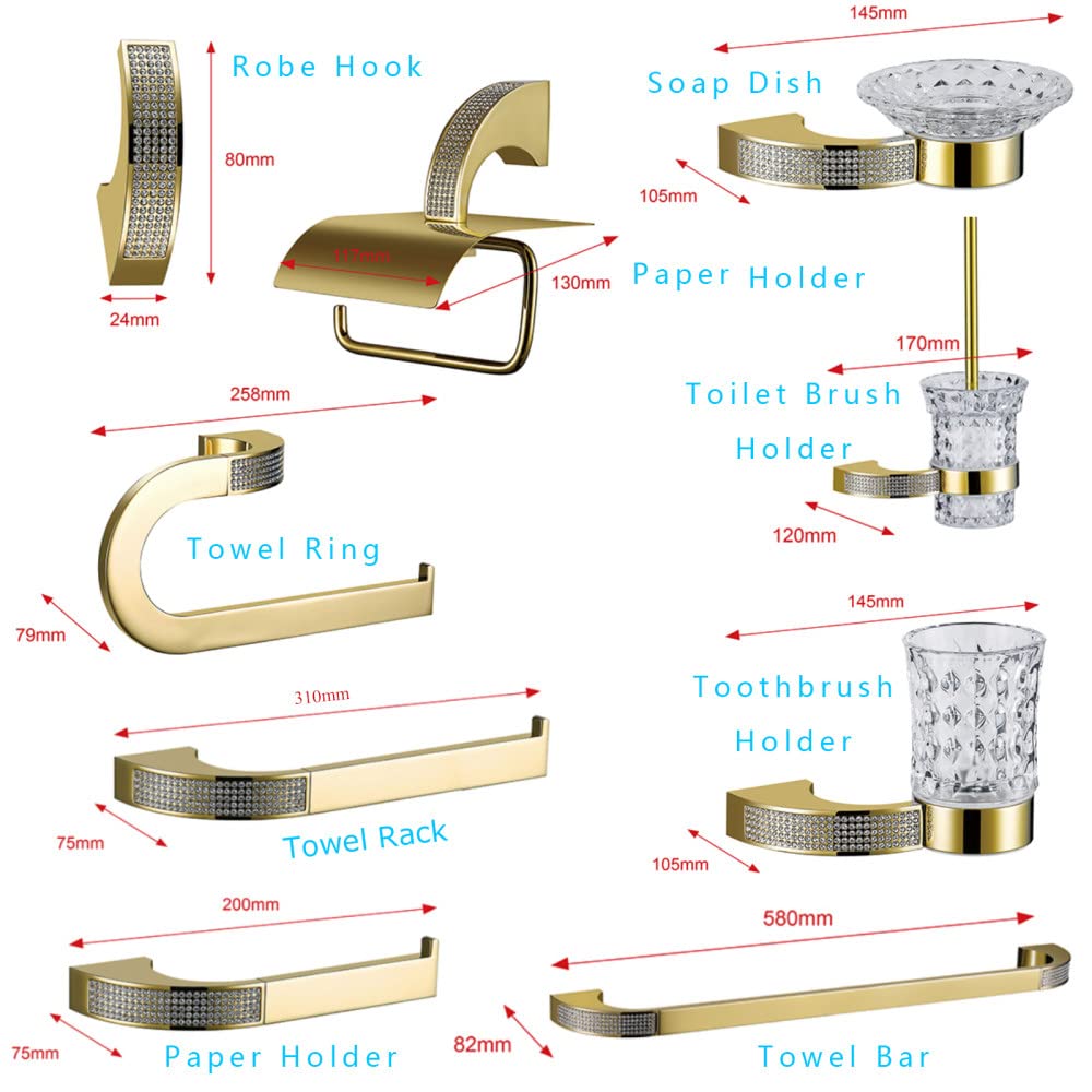 Juego de Accesorios de baño de Cristal, Gancho para Bata, toallero, Estante para Barra, Soporte para Cepillo de Dientes, Accesorios de baño Dorado/Cromado, Soporte para Cepillo de Dientes G