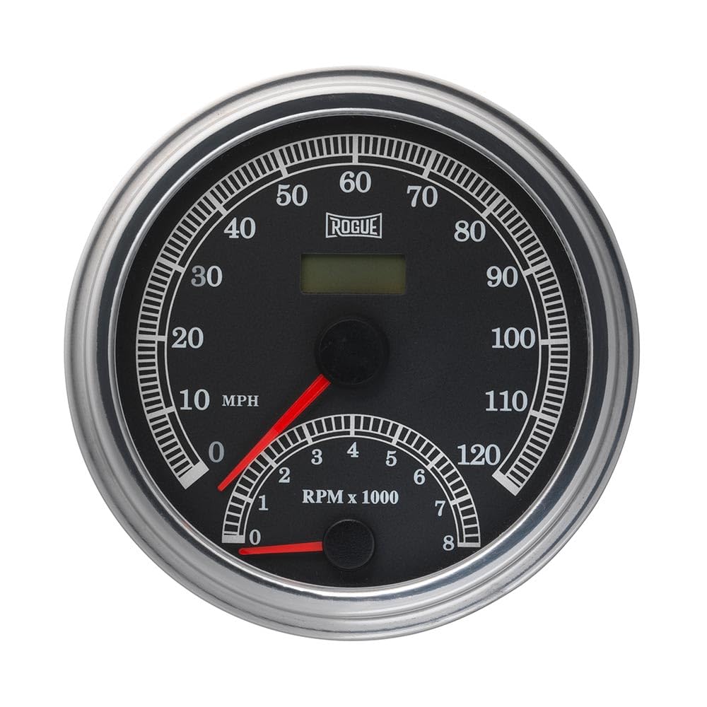 Rogue Motorcycle Mechanical Speedometer/Tachometer Gauge Kit Fits 1984-1995 Harley Davidson FL, FLT, FLST Models - 120 MPH - 8,000 RPM - Digital Odometer - Factory Speedo Cable Ready - 4-1/4" Diameter