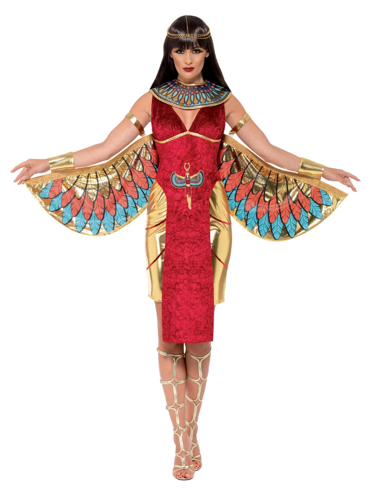Smiffys Egyptian Goddess Costume, Red with Dress, Wings, Collar & Headpiece, Legends & Myths Fancy Dress, Ancient Egypt Dress Up Costumes
