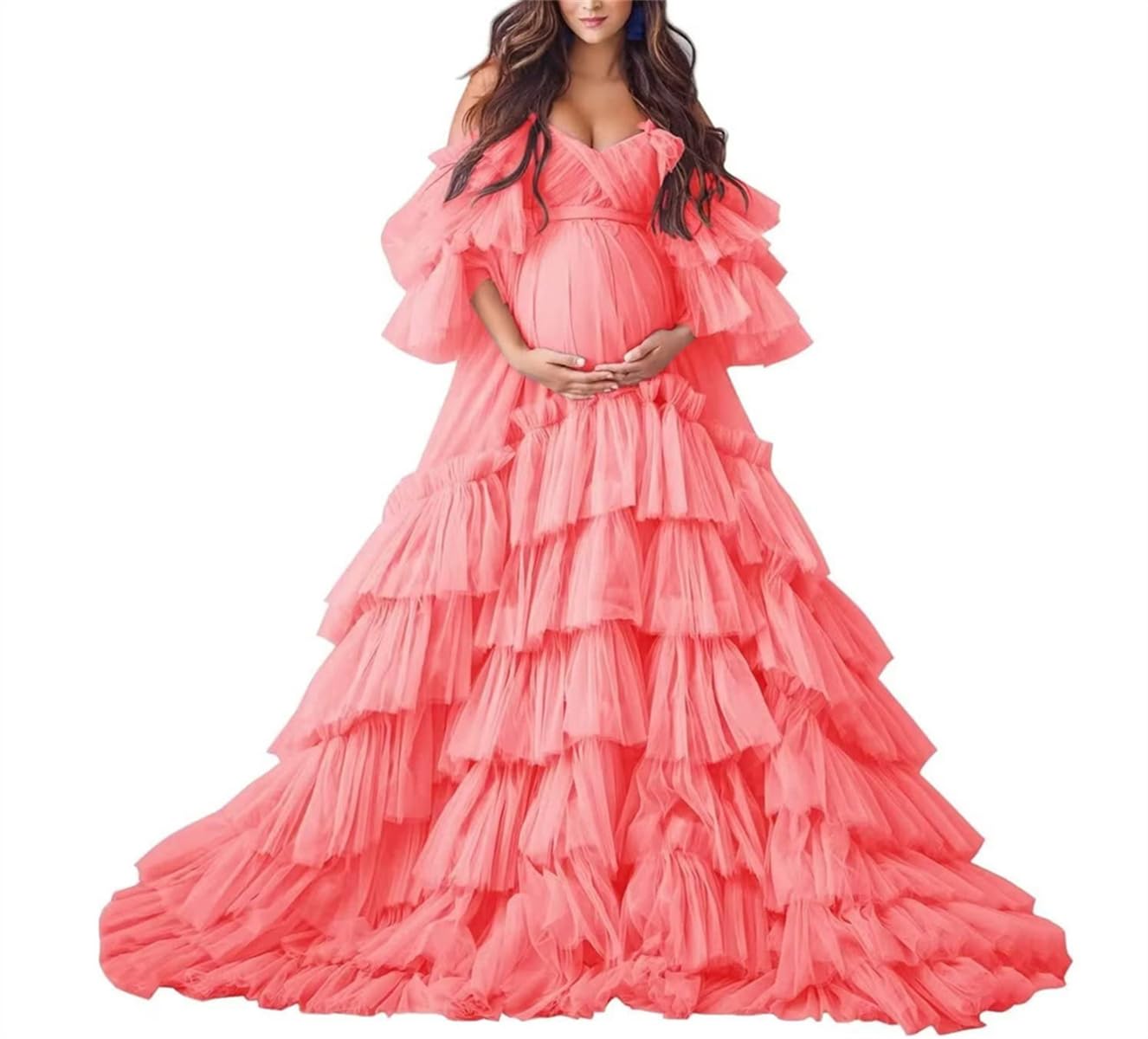 Sayno Women's Coral Tulle Maternity Dress For Photoshoot, Long Sheer Puffy Ruffle Bridal Lingerie, Baby Shower Pregnancy Dress Qsaw479 Uk20