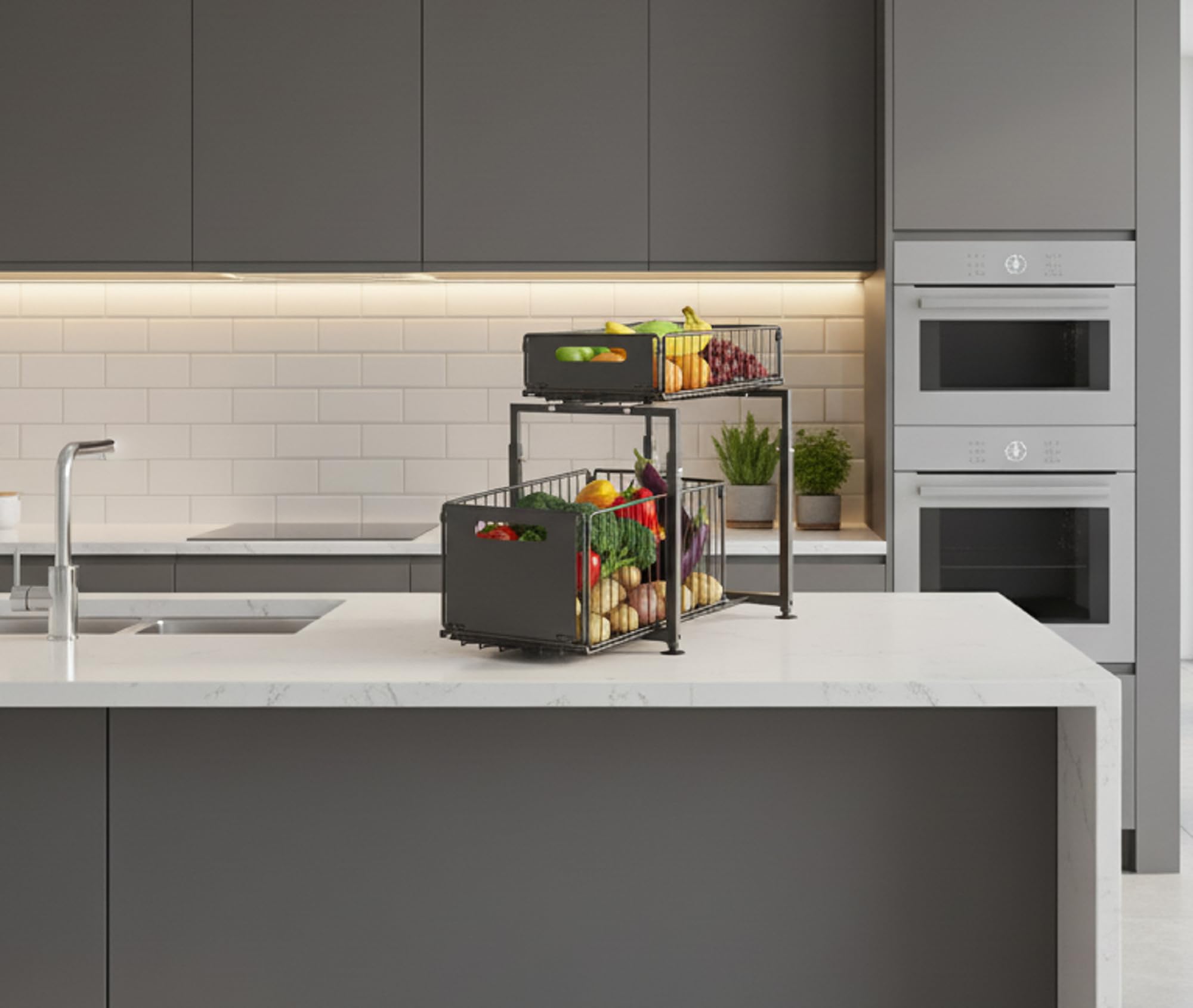 Estantería de Cocina, Organizador de Oficina, de pie, Organizador de Cocina, Archivador Oficina - Almacenaje Cocina - Estantería con Dos Cestas Extensibles- Negro con Dos Niveles.