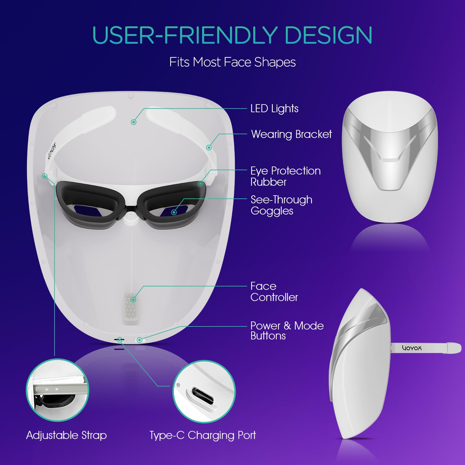 VOYOR LED Face Masks Beauty Light Therapy Mask for Smooth and Radiant Face Professional Daily Skin Care Sessions Device Home Use Cordless USB Rechargeable 3 Color Red/Blue/Purple BM100