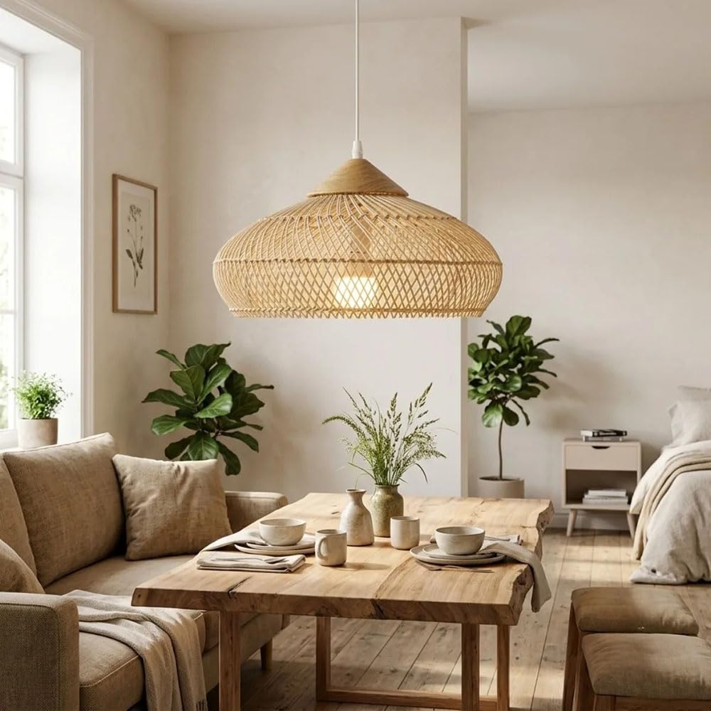 XQIDIANAA Boho Rattan Pendant Light, Wicker Hanging Drum Chandelier 23.6inch Bohemian Drum Light Fixture, for Dining Rooms, Bedrooms, Kitchens, Hallways