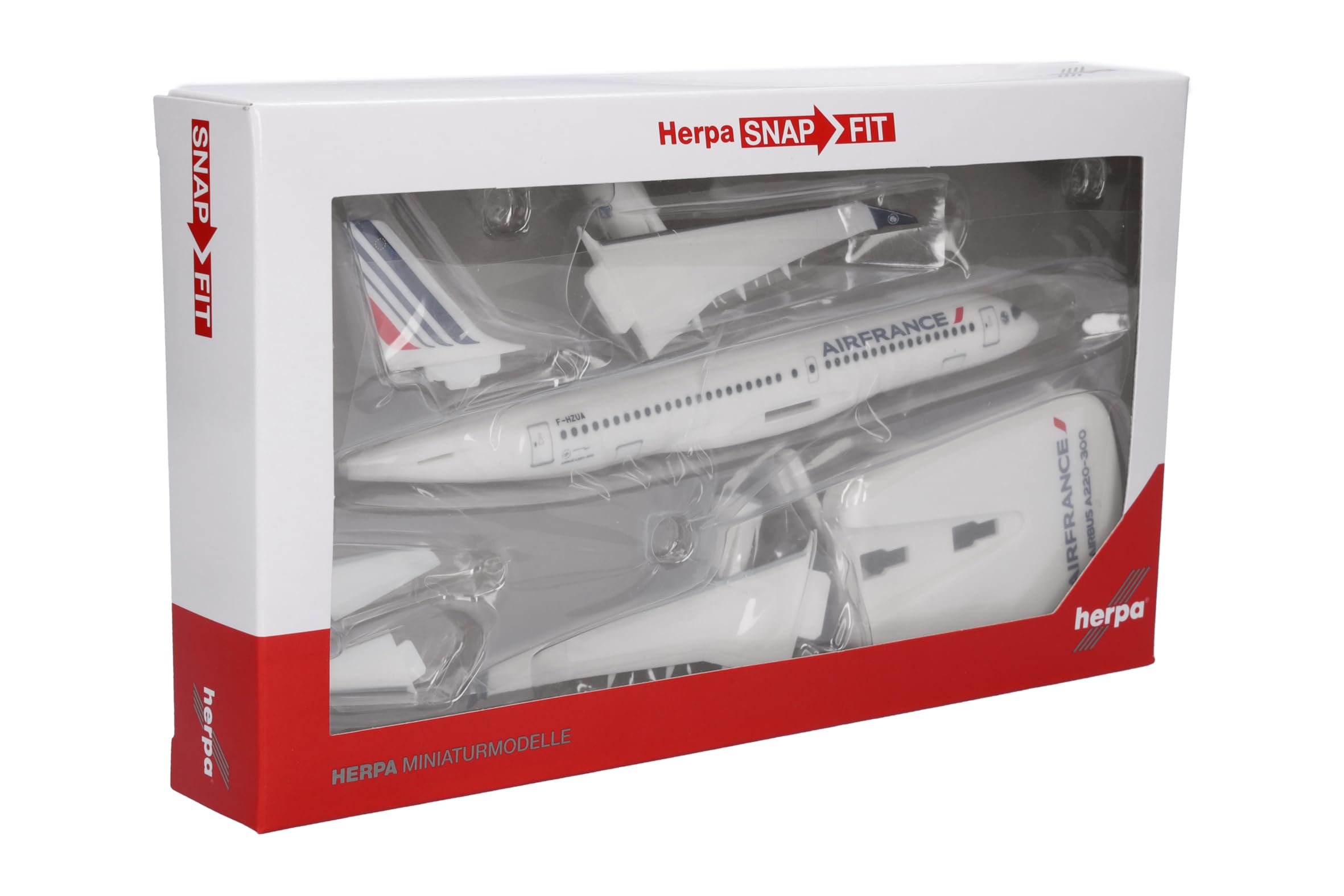 Herpa Snap-Fit Modellflugzeug Air France Airbus A220-300, Miniatur im Maßstab 1:200, Sammlerstück, Modell mit Standfuß, Kunststoff