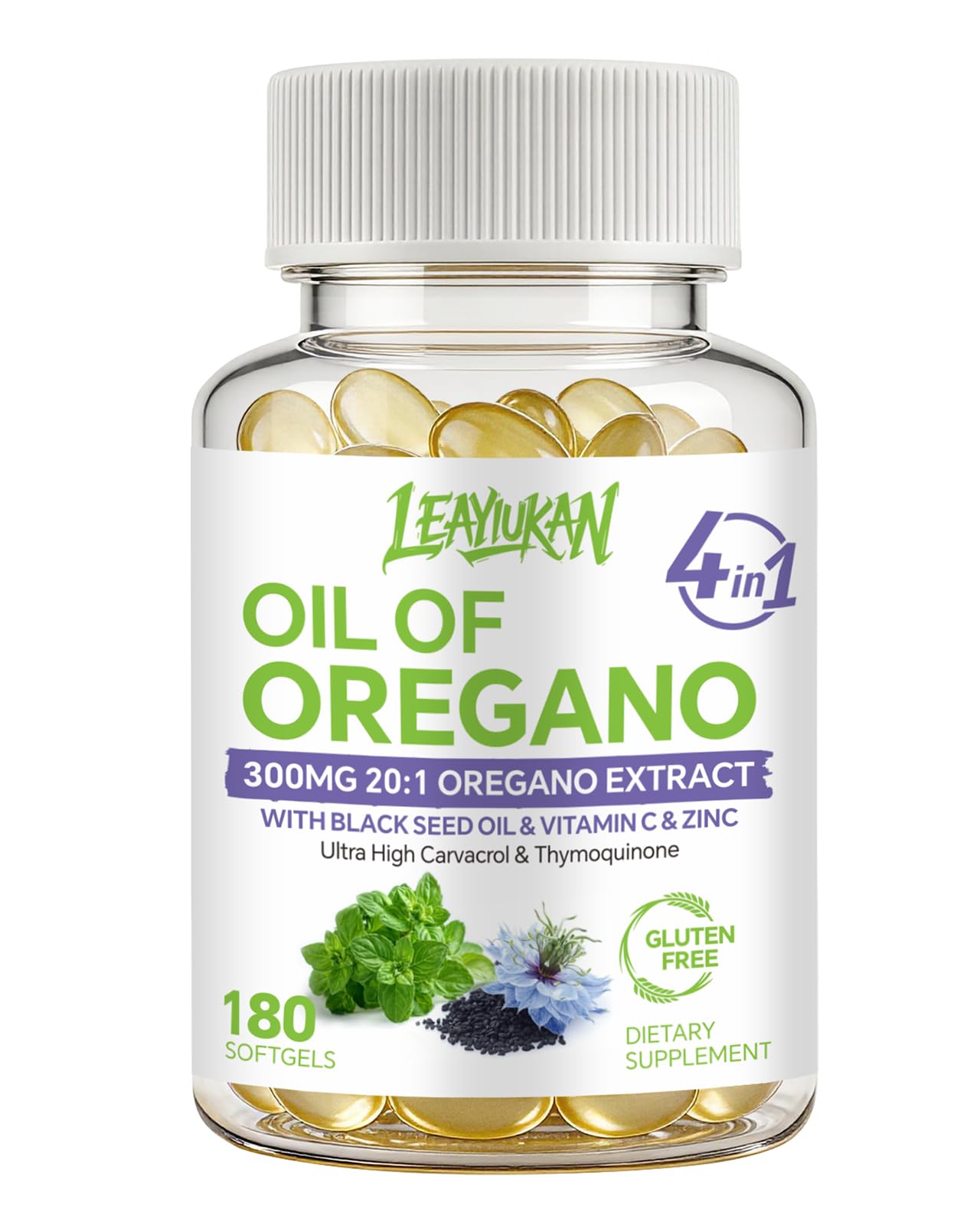 Oregano Oil 300mg with Black Seed Oil & Zinc – Immune Support, 180 Softgels 180 Count (Pack of 1)