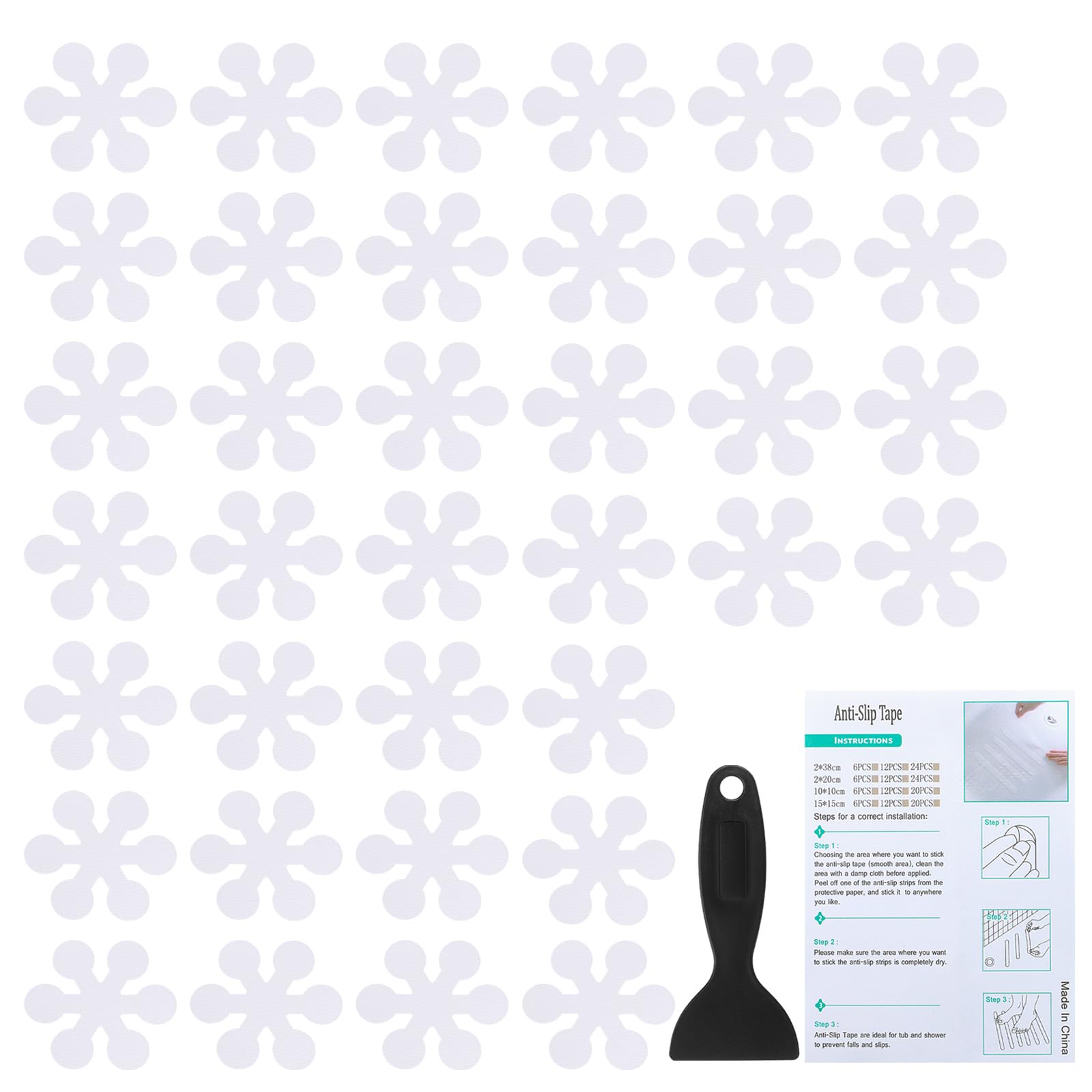 Autocollants antidérapants pour baignoire PATIKIL, lot de 36 flocons blancs 8x8 cm avec grattoir
