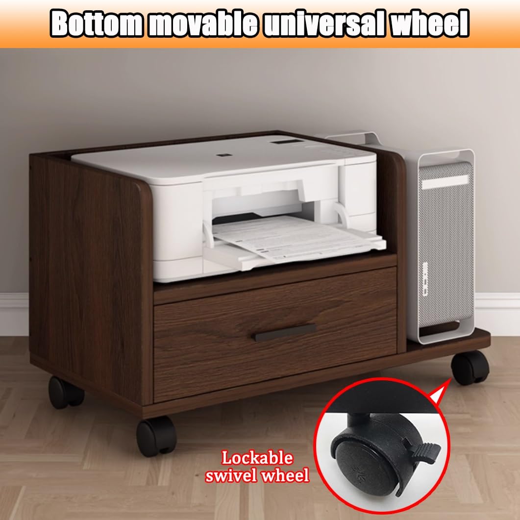 Mobiler Druckerständer mit Schublade, rollbarer Druckerwagen unter dem Schreibtisch, Robustes multifunktionales Druckerregal für Büro und Zuhause (Eiche, 53 x 40 x 45 cm)