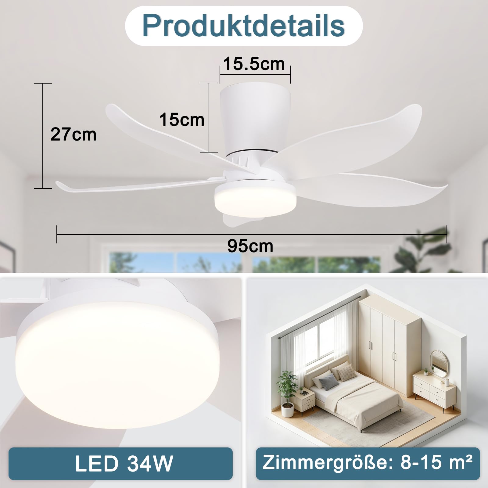 Glitzerlife LED wentylator sufitowy z oświetleniem i pilotem - 34W, 95cm biały, 6 prędkości, cichy, ściemnialny, do sypialni i salonu